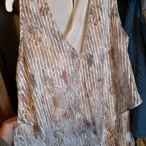 White House Black Market V-Neck Blouse - Cream and Brown